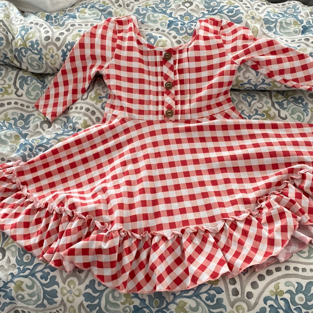 Serendipity by Shrimp and Grits kids red and white gingham twirl dress.